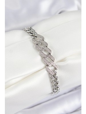 Belle Fusion Bfs Pirinç Zirkon Taşlı Ezme Küba Zincir Model Gümüş Renk Kadın Bileklik