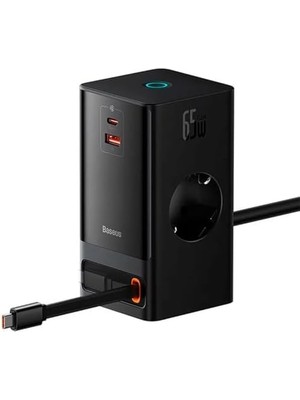 Powercombo Dijital Priz 2AC+1U+1C+GERI Çekilebilir-C 65W 1.5m Güç Kablosu ile Ab Siyah