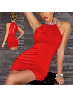 Pink and pink Kırmızı Boyundan Sandy Kumaş Taşlı Mini Elbise