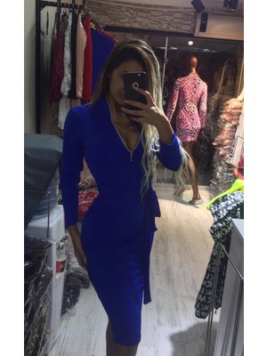 Pink Life Saks Mavi Dalgıç Fermuar Detaylı Midi Elbise