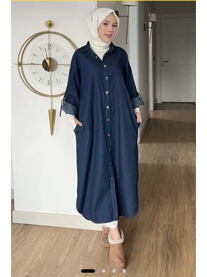 Düğme Detaylı Uzun Kollu Kot Elbise