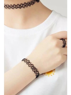 Siyah Renk Elastik Choker Kolye | Bileklik ve Yüzük Set