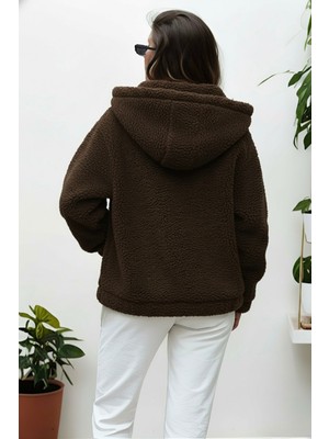 Hiramir Peluş Kapüşonlu Kadın Bomber Mont Taş KS2503