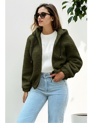 Hiramir Peluş Kapüşonlu Kadın Bomber Mont Taş KS2503