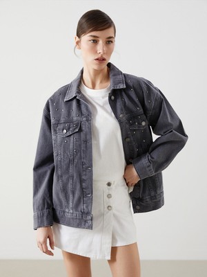 Lc Waikiki Yeni Sezon Gömlek Yaka Taşlı Oversize Kadın Jean Ceket