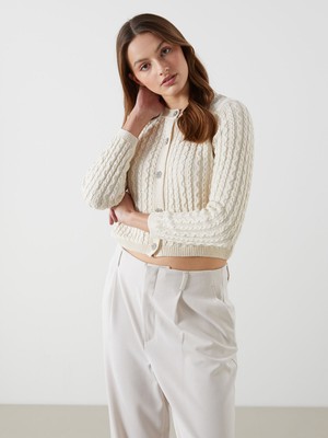 Lc Waikiki Yeni Sezon Bisiklet Yaka Kendinden Desenli Crop Kadın Triko Hırka