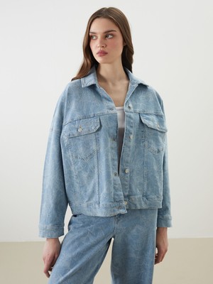 Lc Waikiki Yeni Sezon Gömlek Yaka Desenli Oversize Kadın Jean Ceket
