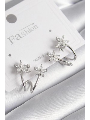 Belle Fusion Bfs Pirinç Gümüş Renk Zirkon Taşlı Çiçek Model Kadın Küpe