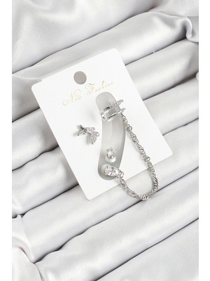 Belle Fusion Bfs Pirinç Kelebek Figürlü Zirkon Taşlı Gümüş Renk 3'lü Kıkırdak Kadın Küpe Set