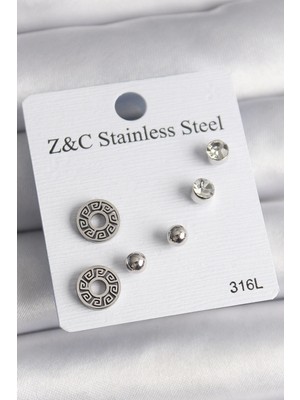 Belle Fusion Bfs 316L Çelik Gümüş Renk Zirkon Taşlı Labirent Model Kadın Küpe Seti