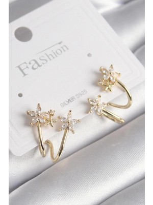 Belle Fusion Bfs Pirinç Gold Renk Zirkon Taşlı Çiçek Model Kadın Küpe