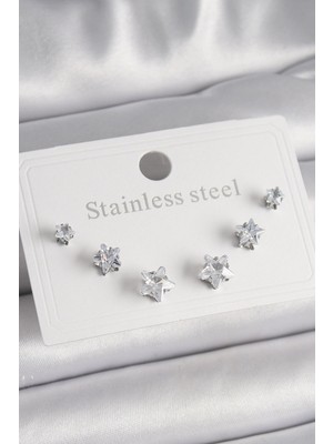 Belle Fusion Bfs 316L Çelik Gümüş Renk Zirkon Taşlı Yıldız Model Kadın Küpe Seti