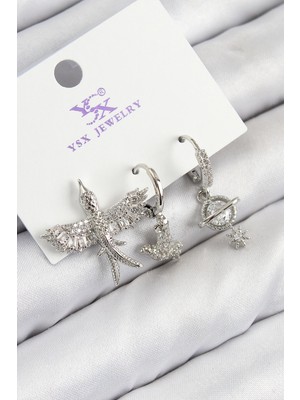 Belle Fusion Bfs Pirinç Zirkon Taşlı 3'lü Kuş Model Gümüş Renk Kadın Küpe