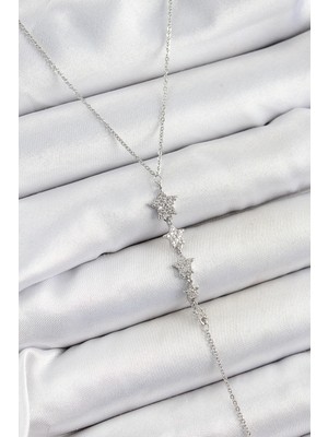 Belle Fusion Bfs Pirinç Zirkon Taşlı Sıralı Yıldız Figürlü Y Model Gümüş Renk Kadın Kolye