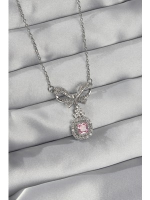 Belle Fusion Bfs 316L Çelik Gümüş Renk Fiyonk Detay Pembe Zirkon Taşlı Tektaş Kolye