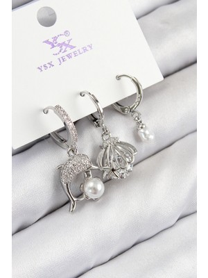 Belle Fusion Bfs Pirinç Zirkon Taşlı 3'lü Yunus Balığı ve Istiridye Model Gümüş Renk Kadın Küpe