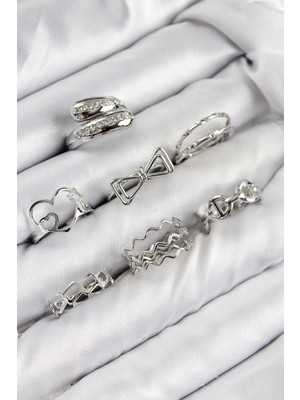 Belle Fusion Bfs Pirinç Zirkon Taşlı Fiyonk ve Kalp Model Gümüş Renk Kadın Yüzük Kombin Set