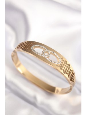 Belle Fusion Bfs 316L Çelik Gold Renk Zirkon Taşlı Kadın Kelepçe Bilezik