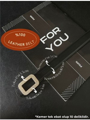 Fiori Hakiki Bombeli Kare Tokalı Taşlı Kadın Kemeri, Pantolon Kemeri, Ceket Kemeri, Elbise Kemeri