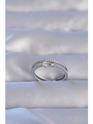 Belle Fusion Bfs Pirinç Gümüş Renk Zirkon Taşlı Kalpli Su Yolu Model Ayarlanabilir Yüzük