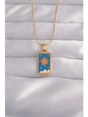 Belle Fusion Bfs 316L Çelik Gold Renk Mavi Mineli Güneş Model Tarot Kolye
