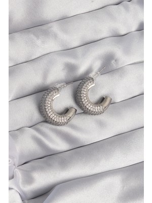 Belle Fusion Bfs Pirinç Gümüş Renk Zirkon Taşlı Yarım Halka Küpe