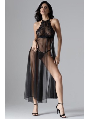 Sistina Siyah Dantelli Tül Gecelik - M075