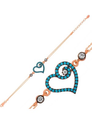 cleovibe Gümüş Rose Mavi Kalpli Bayan Bileklik