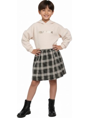 Escabel Kız Çocuk Kapüşonlu Sweat Shirt Ekose Etekli Bej Elbise