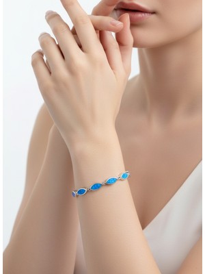 Keskin Gümüş Gümüş Mavi Opal Taşlı Badem Damla Tasarım  Kadın Bileklik Sevgililer Günü Hediye