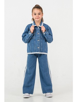 Miniğimin Cicileri Dantel Şerit Detaylı Kot Ceket ve Pantolon Kız Çocuk Takımı - Mavi