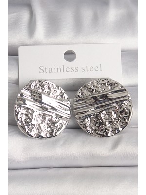 Belle Fusion Bfs Pirinç Gümüş Renk Işlemeli Daire Plaka Model Kadın Küpe