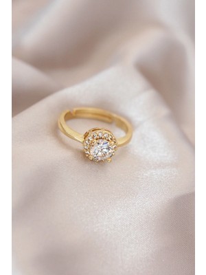 Belle Fusion Bfs Ayarlamalı Altın Renk Metal Zirkon ve Kristal Taşlı Oval Model Yüzük