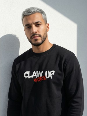 CLAW UP WORK OVERSIZE BASIC SWEAT | BLACKOUT BUİLT BASKILI (Unisex Pamuklu Yumuşak Dokulu Geniş Kesim Siyah Sweatshirt)