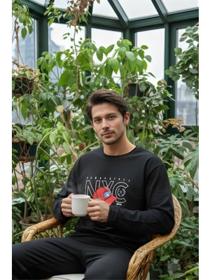 Morro Nyc Baskılı Siyah Erkek Pijama Takımı - Rahat Ev Giyimi