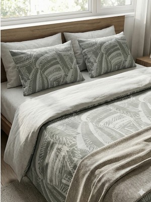 Maki Home Makiteks %100 Pamuklu Palmiye Yaprakları Desenli 200X220+2*(50X70) Çift Kişilik Nevresim ve Yastık Kılıfı