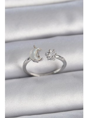 Belle Fusion Bfs Pirinç Gümüş Renk Incili Hilal Zirkon Taşlı Yıldız Ayarlanabilir Kadın Yüzük