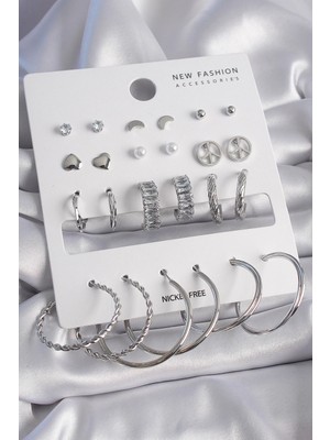 Belle Fusion Bfs Pirinç Gümüş Renk Zirkon Taşlı 12 Çift Kadın Küpe Seti