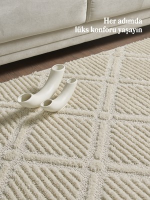 Acem Home Modern Yumuşak Bukleli Salon Oturma Odası Yolluk Krem Halı