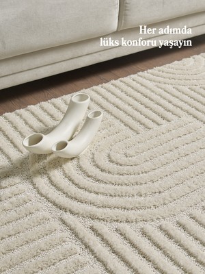 Acem Home Modern Yumuşak Bukleli Salon Oturma Odası Yolluk Krem Halı