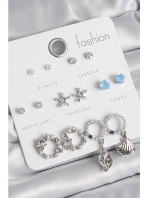 Belle Fusion Bfs Pirinç Gümüş Renk Incli Zirkon Taşlı Halka Figür Yıldız Detay 7 Çift Kadın Küpe Seti