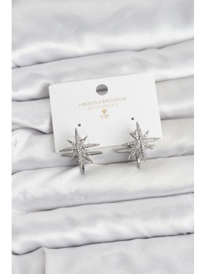 Belle Fusion Bfs Gümüş Renk Pirinç Çift Taraflı Kutup Yıldızı Kadın Küpe