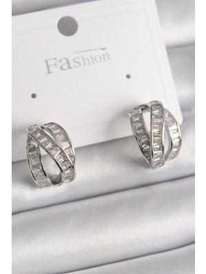 Belle Fusion Bfs Pirinç Gümüş Renk Zirkon Taşlı Düğüm Halka Model Kadın Küpe