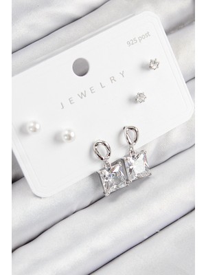 Belle Fusion Bfs Pirinç Zirkon Taşlı Sallantılı Kare Model Gümüş Renk 925 Ayar Gümüş Çivi Kadın Küpe Set