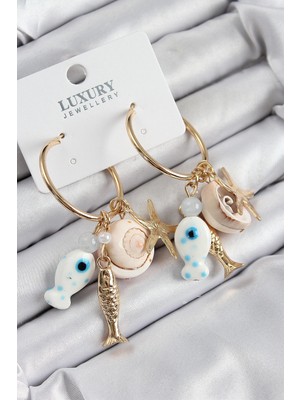 Belle Fusion Bfs Pirinç Sallantılı Seramik Balık ve Deniz Kabuğu Model Gold Renk Kadın Küpe