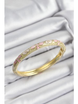 Belle Fusion Bfs Mineli Pirinç Pembe Hardal ve Krem Çiçek Motifli Gold Renk Kadın Kelepçe