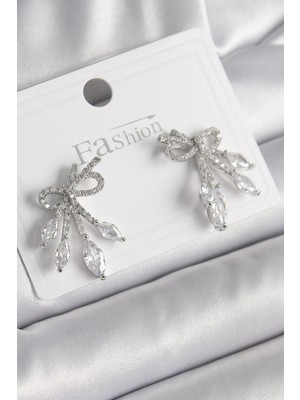 Belle Fusion Bfs Pirinç Gümüş Renk Zirkon Taşlı Düğüm Model Damla Zirkon Taşlı Kadın Küpe