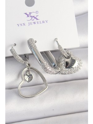 Belle Fusion Bfs Pirinç Gümüş Renk Sallantı Zirkon Taşlı Kalp Model 3'lü Kadın Kombin Küpe