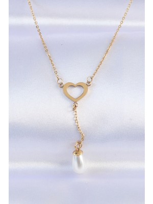 Belle Fusion Bfs 316L Çelik Zincir Gold Renk İnci Taş Detay Kalp Kolye