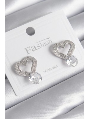 Belle Fusion Bfs Pirinç Gümüş Renk Zirkon Taşlı Kalp Model Damla Zirkon Taş Detay Kadın Küpe